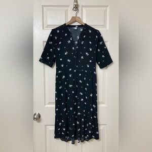 Old Navy Black White Floral A-line Midi Dress Medium Dainty Ruffle Spring Twee